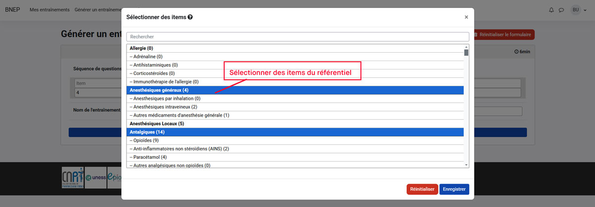 sélectionner items référentiel bnep